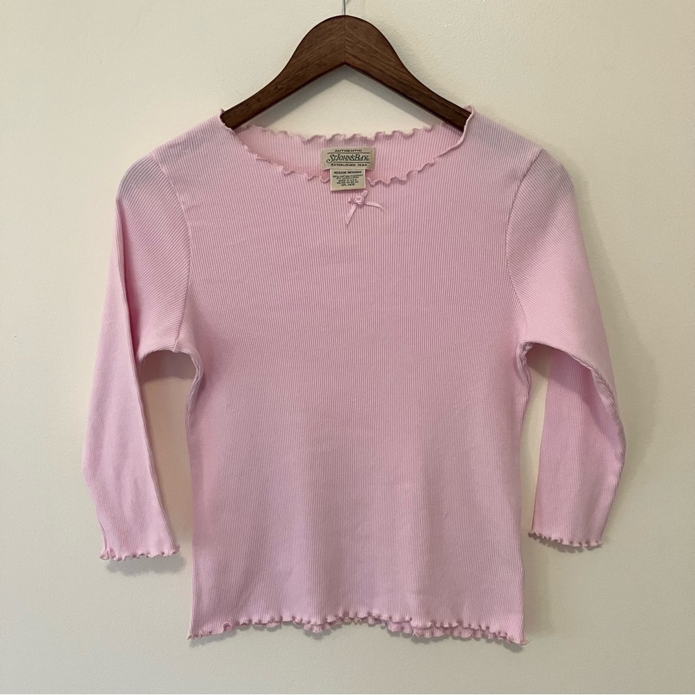 VTG Women’s Sz.M Pastel Pink Ribbed 3/4 Sleeve T-shirt Ruffle Collar Cuffs Bow